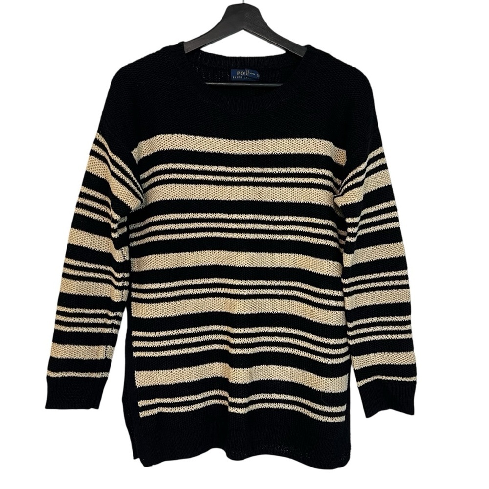 Polo Ralph Lauren Striped Linen Knit Crewneck Sweater Black Cream Medium Coastal